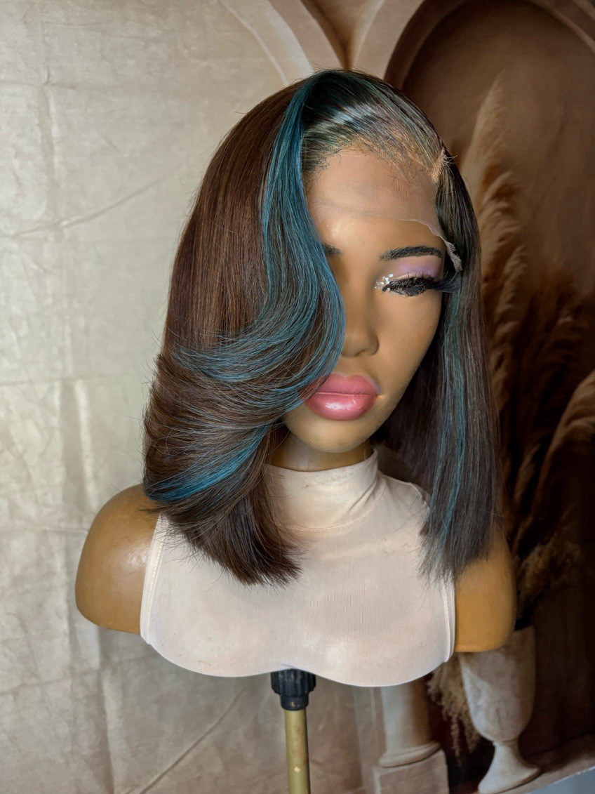 Women’s Straight Hair Wig Dark Brown with Blue Highlights Straight Texture