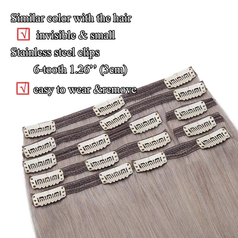 Benehair 18Inch 140G Clip In Hair Extensions Real Human Hair Highlighted Grey