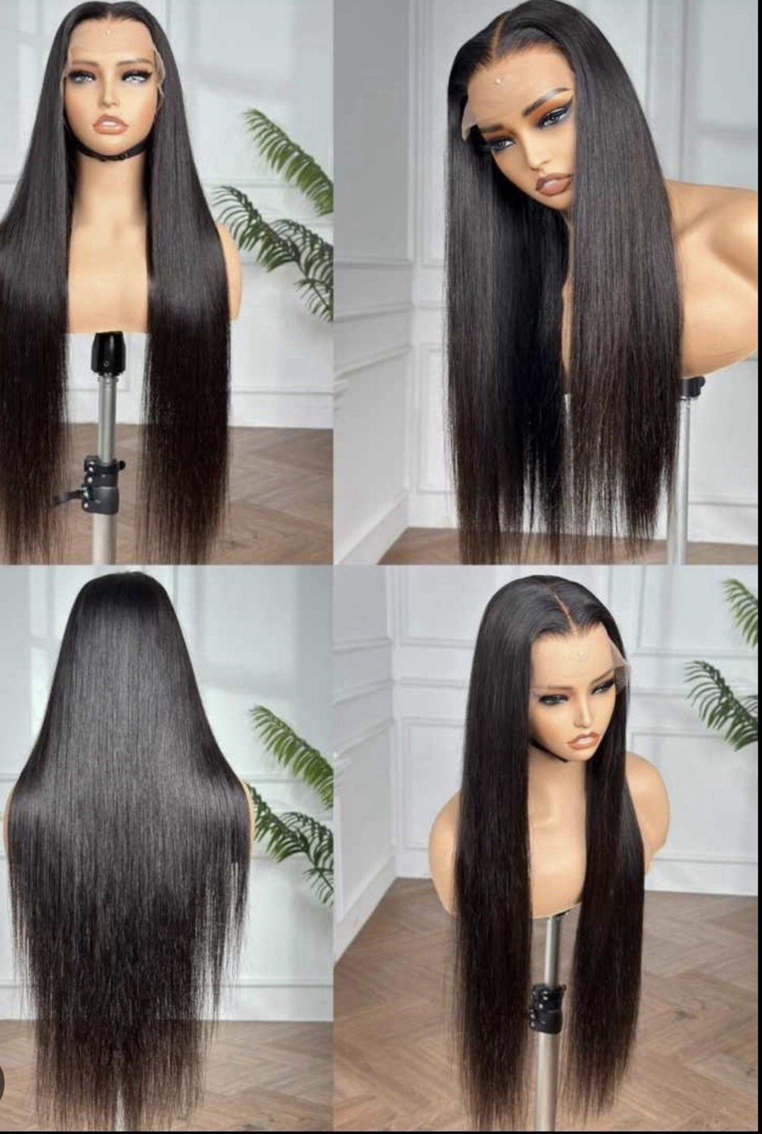 Human Hair Lace Front Straight Black Middle Part Wig Pre-Bleached Knots 30 in