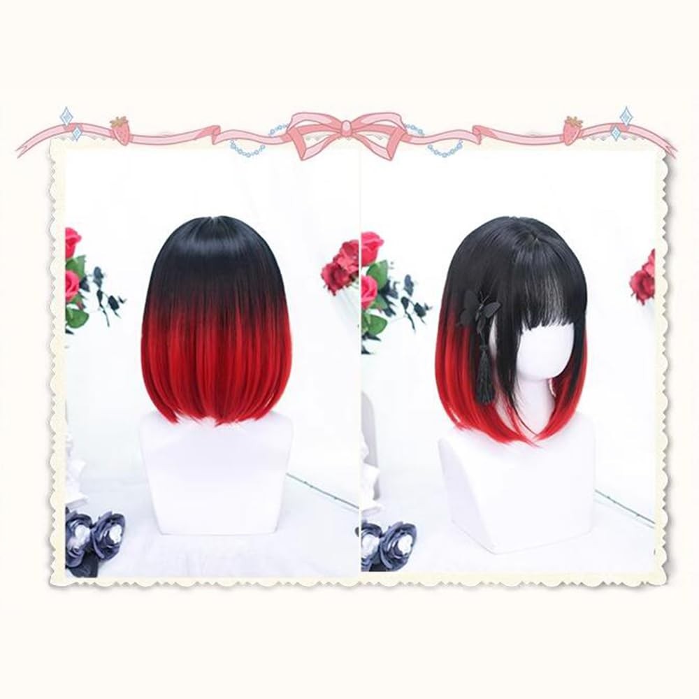 Black and Red Ombre Lolita Girls Short Bob Hair with Bangs Japanese Natural H…
