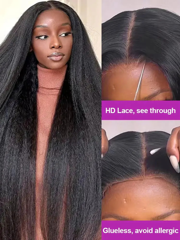 Kinky Straight Human Hair Wig 5×5 Transparent Lace Front 250 Density Remy