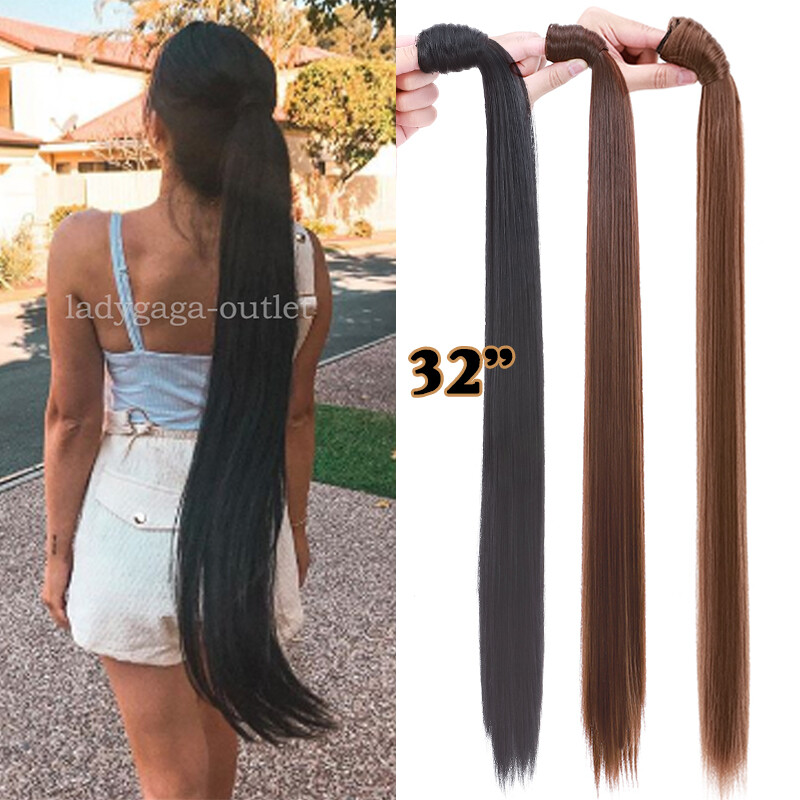 26″ 140g Clip in Wrap On Ponytail Hair Extensions Long Straight Thick As Human