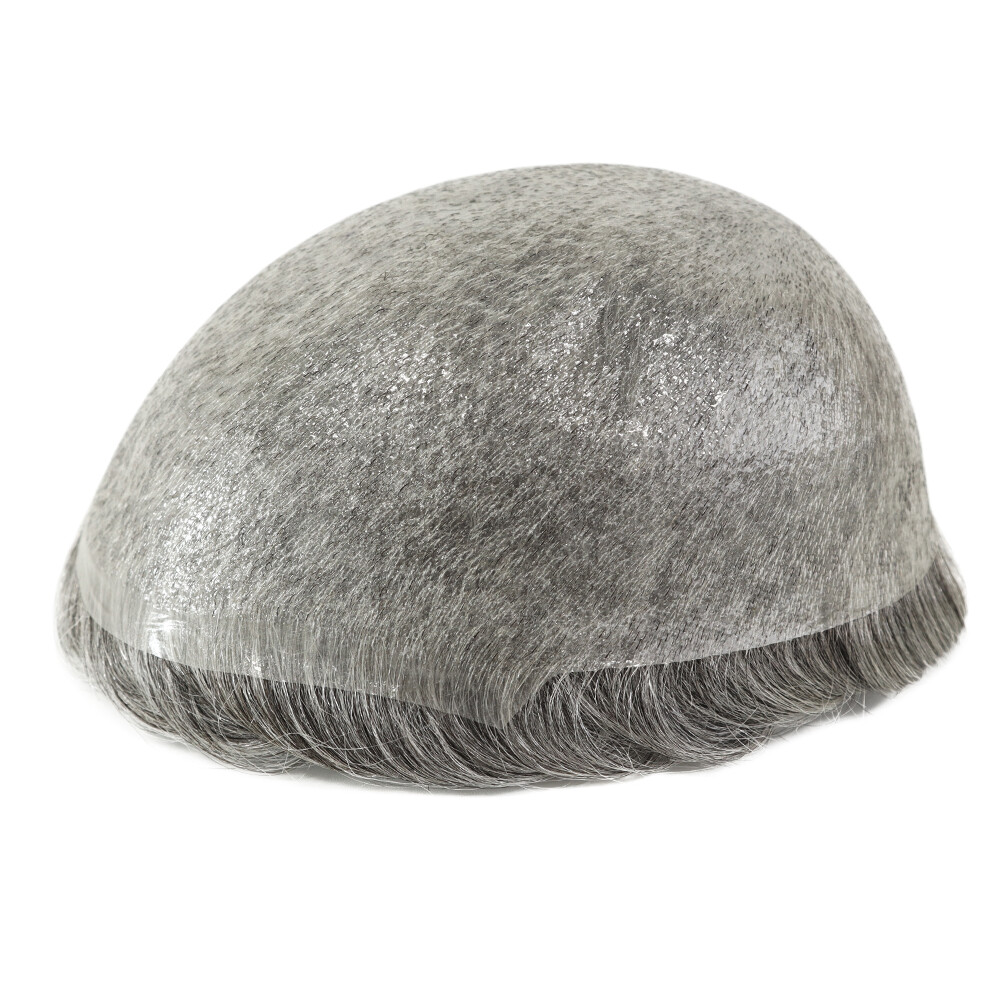 Toupee For Men Human Super Thin Skin V Looped Men Hairpiece Wig Black Grey #1B65