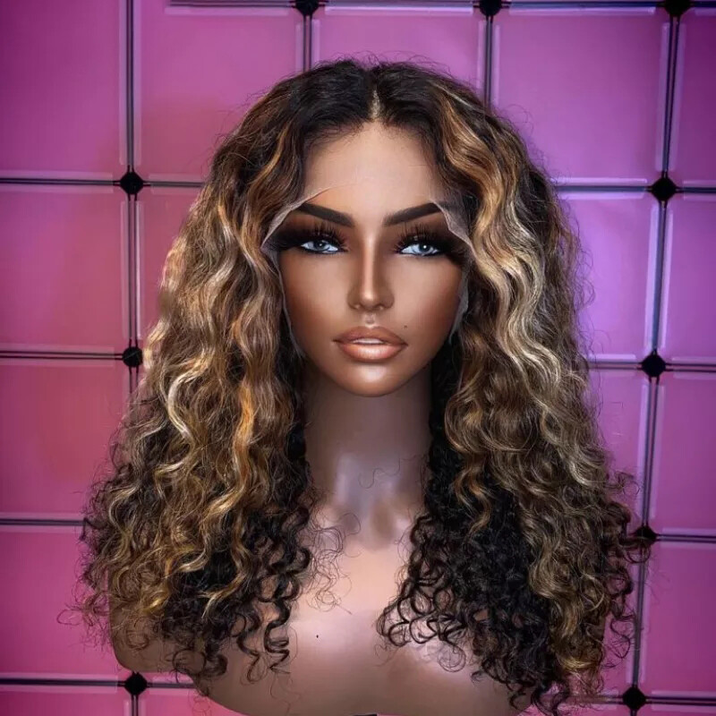 22 Inch Curly Wavy Brown Ombre Blonde Wigs Lace Front Human Hair Wig Baby Hair