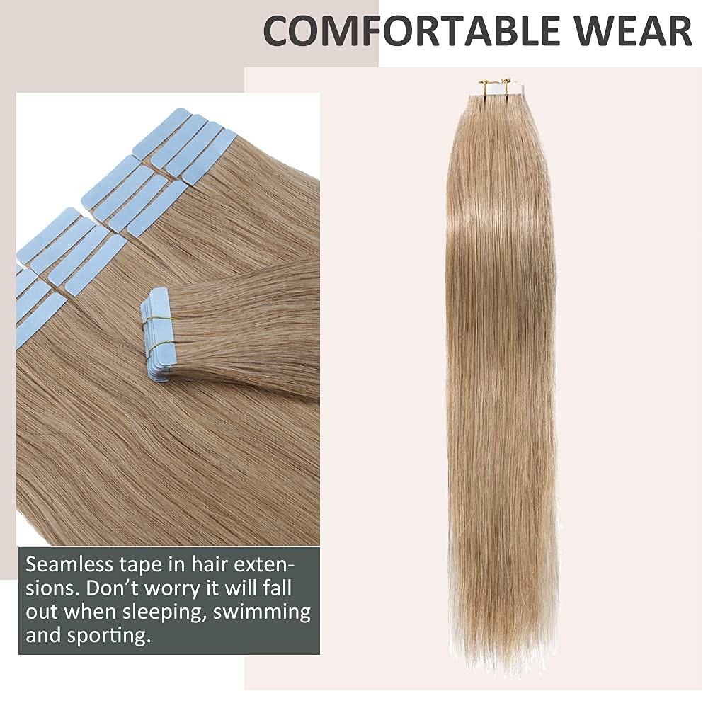 Hairro Tape In Human Hair Extensions 16 Inch Long Straight 27 Dark Blonde 100G