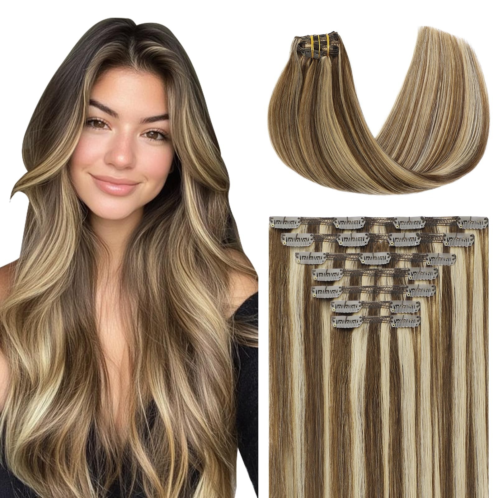 Clip in Hair Extensions 7Pcs 140g 14 Inch #4P27 Chocolate Brown/Caramel Blonde