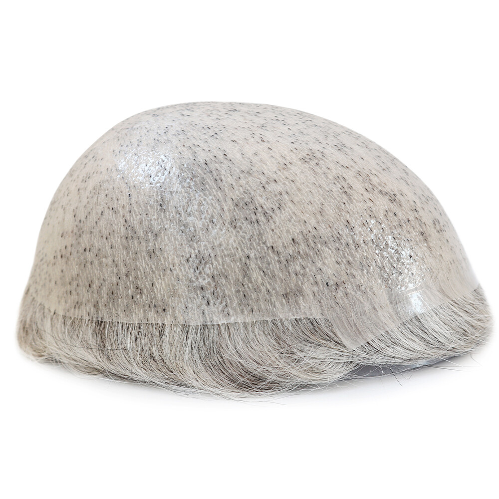 Mens Toupee Thin Skin Knotted Human Hair Replacement System Grey Hair Hairpiece