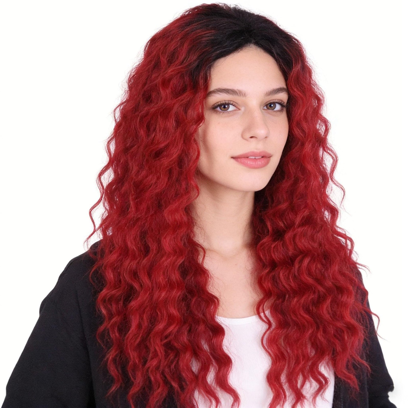 26″ Long Red Wig Curly 80s Women Bouncy Layered Ombre Black Roots Synthetic