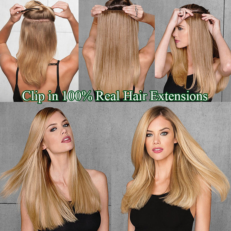 100% Soft Clip In Remy Real Human Hair Extensions Full Head 8PS Weft Black Brown