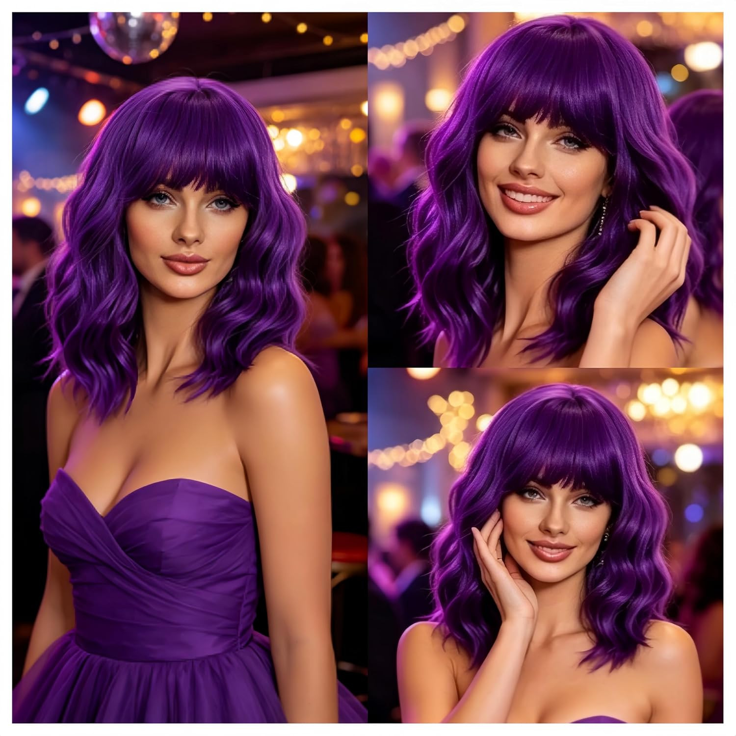 Dark Purple Wigs with Bangs for Women 14 Inch Short Wavy Bob Wigs Synthetic Bob