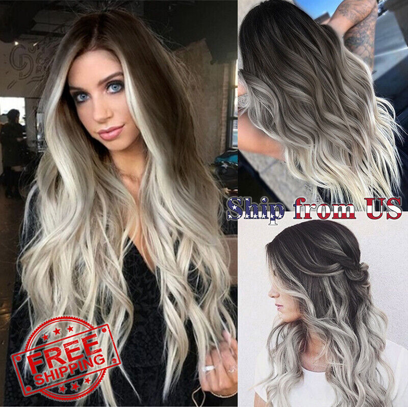 Private Women Ash Gray Silver Ombre Lace Long Wavy Curly Blonde Synthetic Wigs
