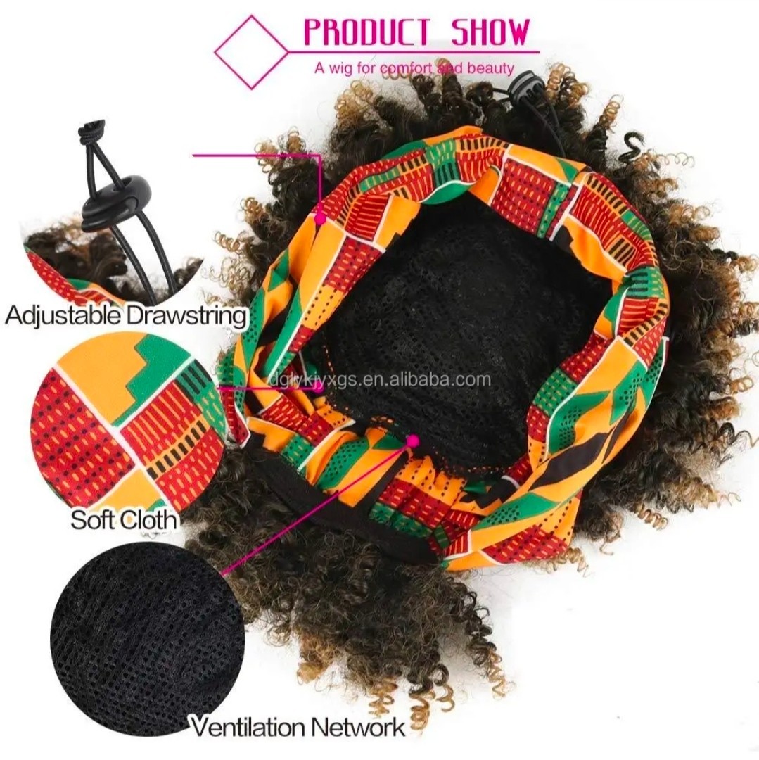 Women’s 6-Inch Short Kinky Coil Headband Wig, African Print Adjustable Headband