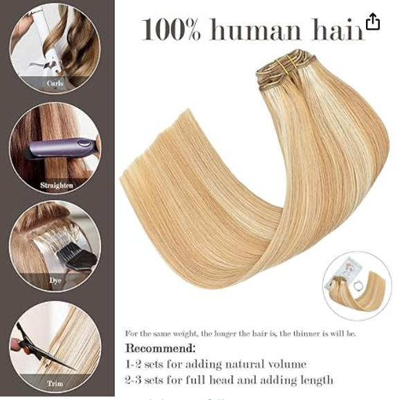 Honsoo 22in Hair Extensions Real Human Hair Clip Ins 70g 7pcs Honey Blonde To Bl
