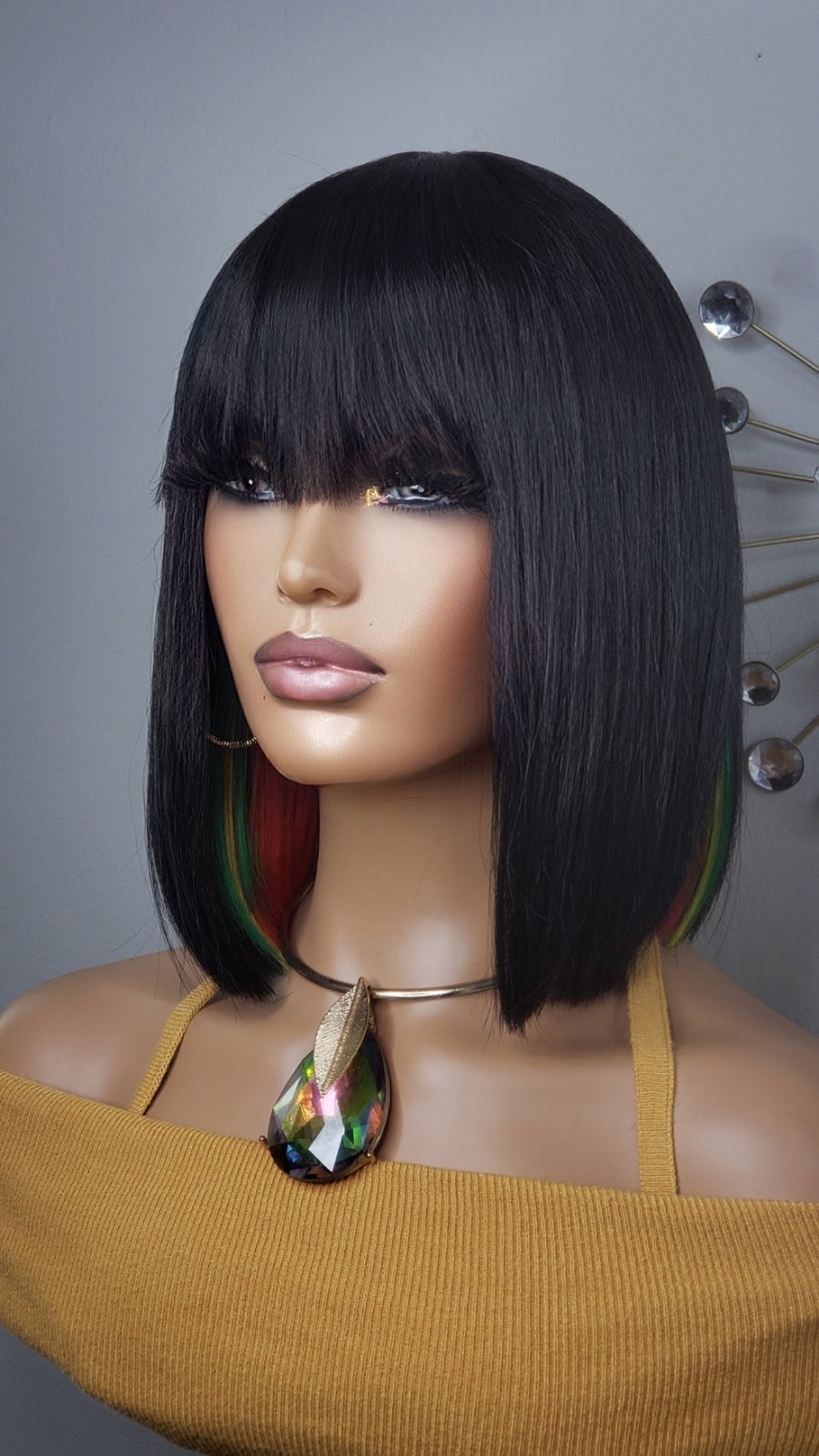 New Short Human Hair Blend Straight Bob Wrap Style Full Cap Wig Black Rainbow