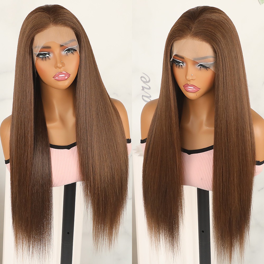 Brown Highlights Long Straight Hair Lace Front Wigs Pre Plucked Natural Hairline