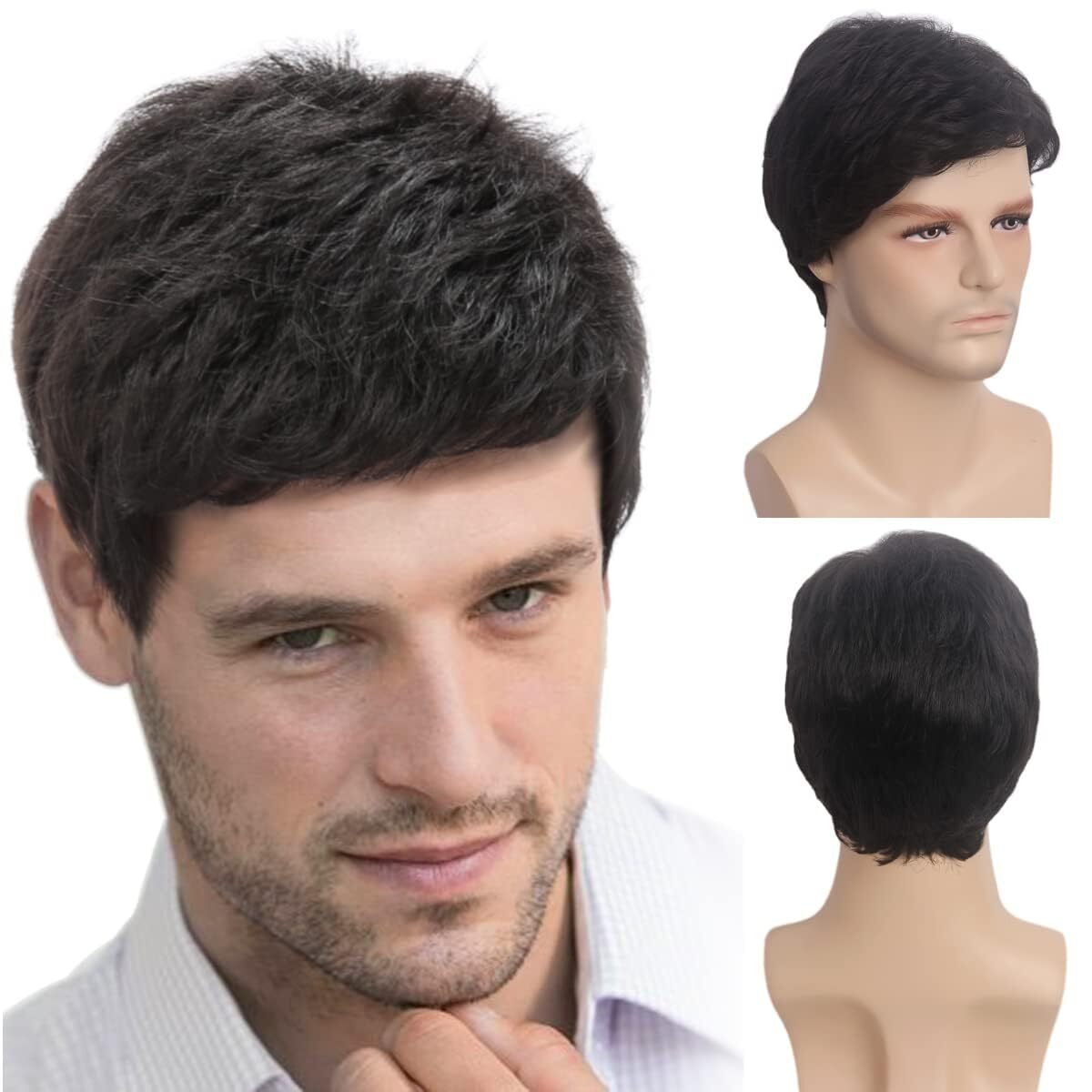 Men’s Black Men Wig Short Full Wigs Straight Little Wavy Synthetic Hair Daily US