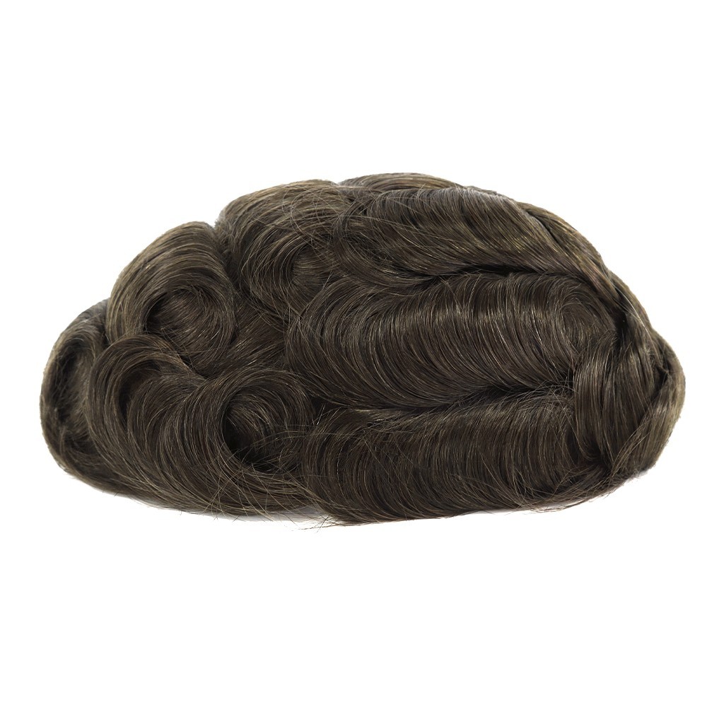 Mens Toupee Thin Skin Knotted Human Hair Replacement System Hairpieces Brown #4