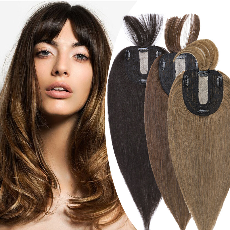 Silk Base Clip In 100% Virgin Human Hair Topper Top Hairpiece Toupee Wigs Bangs