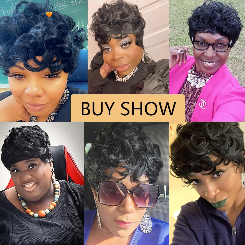 Natural Black Short Pixie Wig with Bangs for Black Women