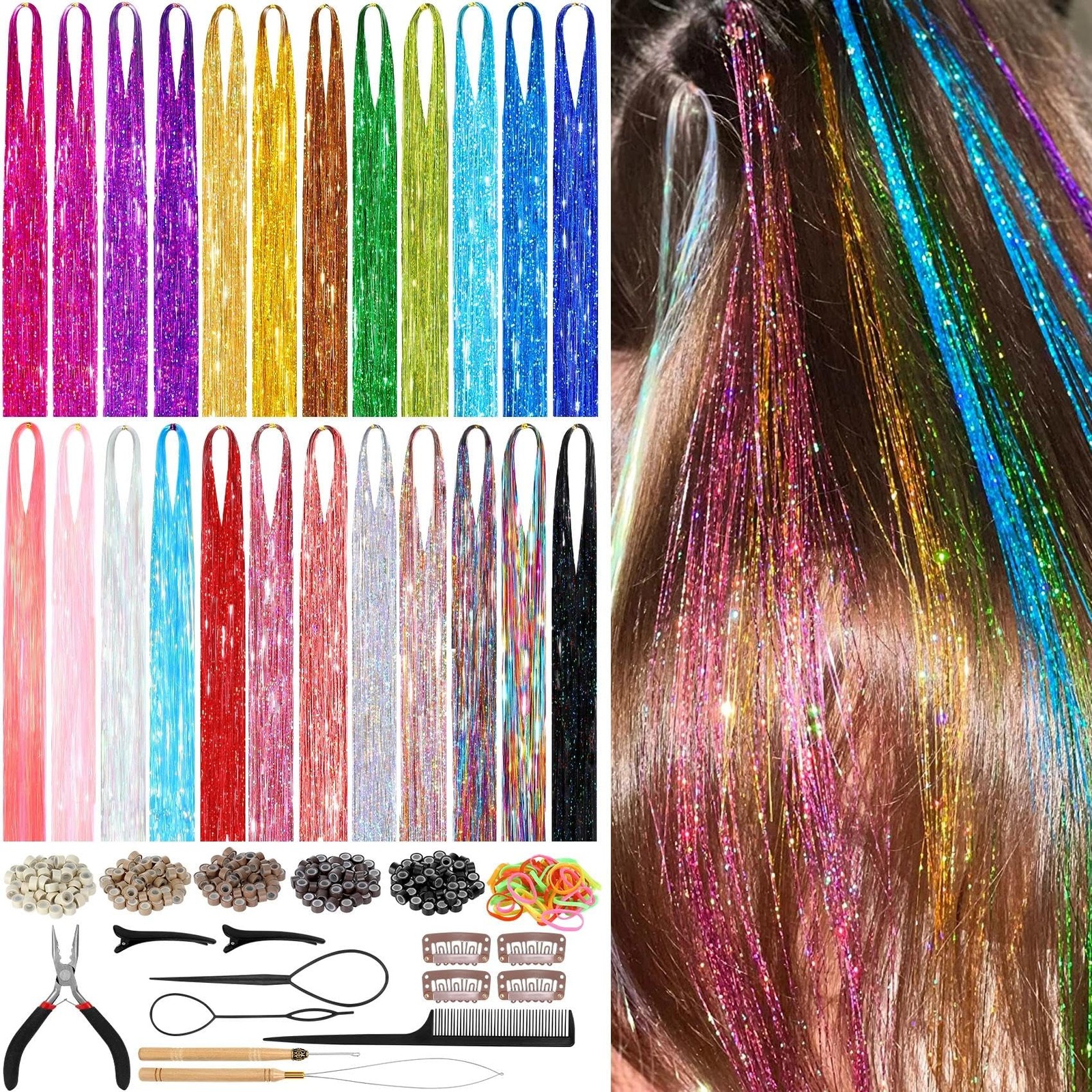 8400 Strands Hair Tinsel Kit 24 Colors 48in Heat Resistant Glitter Hair