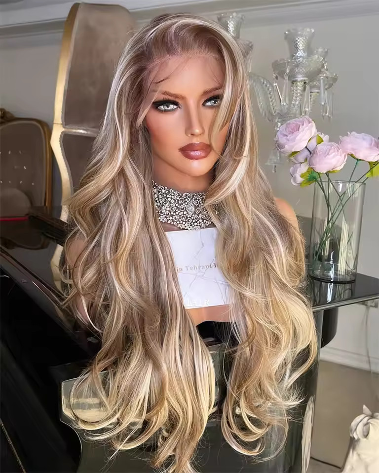Balayage Ombre Ash Blonde Brown Highlight Full Lace Front 100% Human Hair Wigs