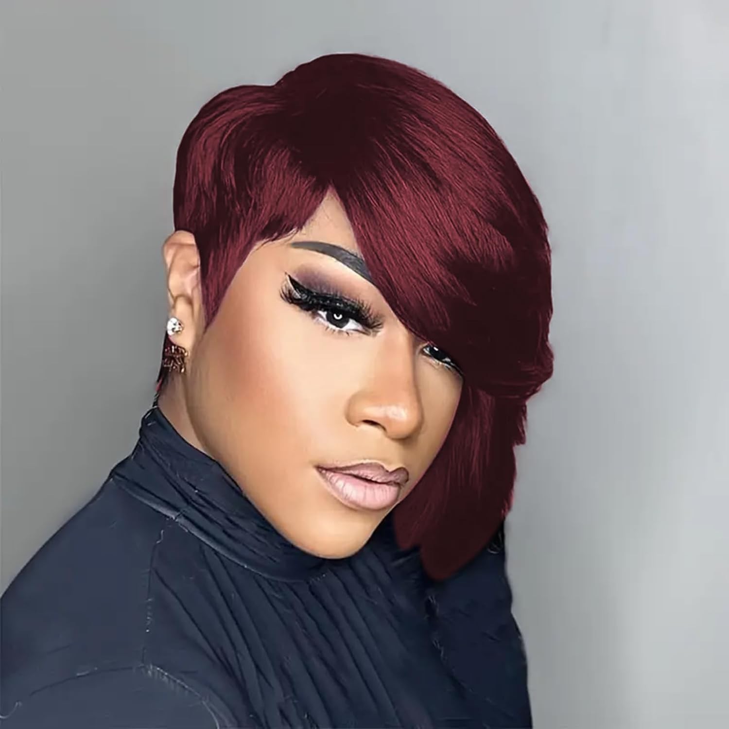 Pixie Cut Wig Human Hair Burgundy Short Layered No Lace for Daily Use