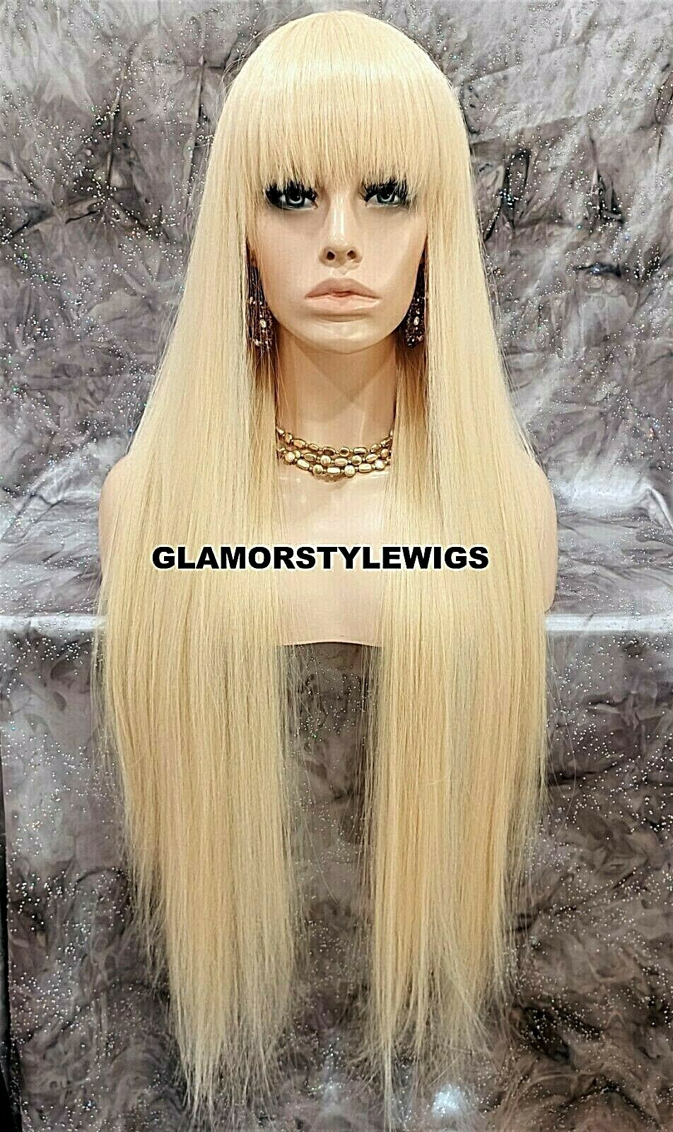 43” FULL WIG LONG LAYERED STRAIGHT W BANGS BLEACH BLONDE HEAT OK #613