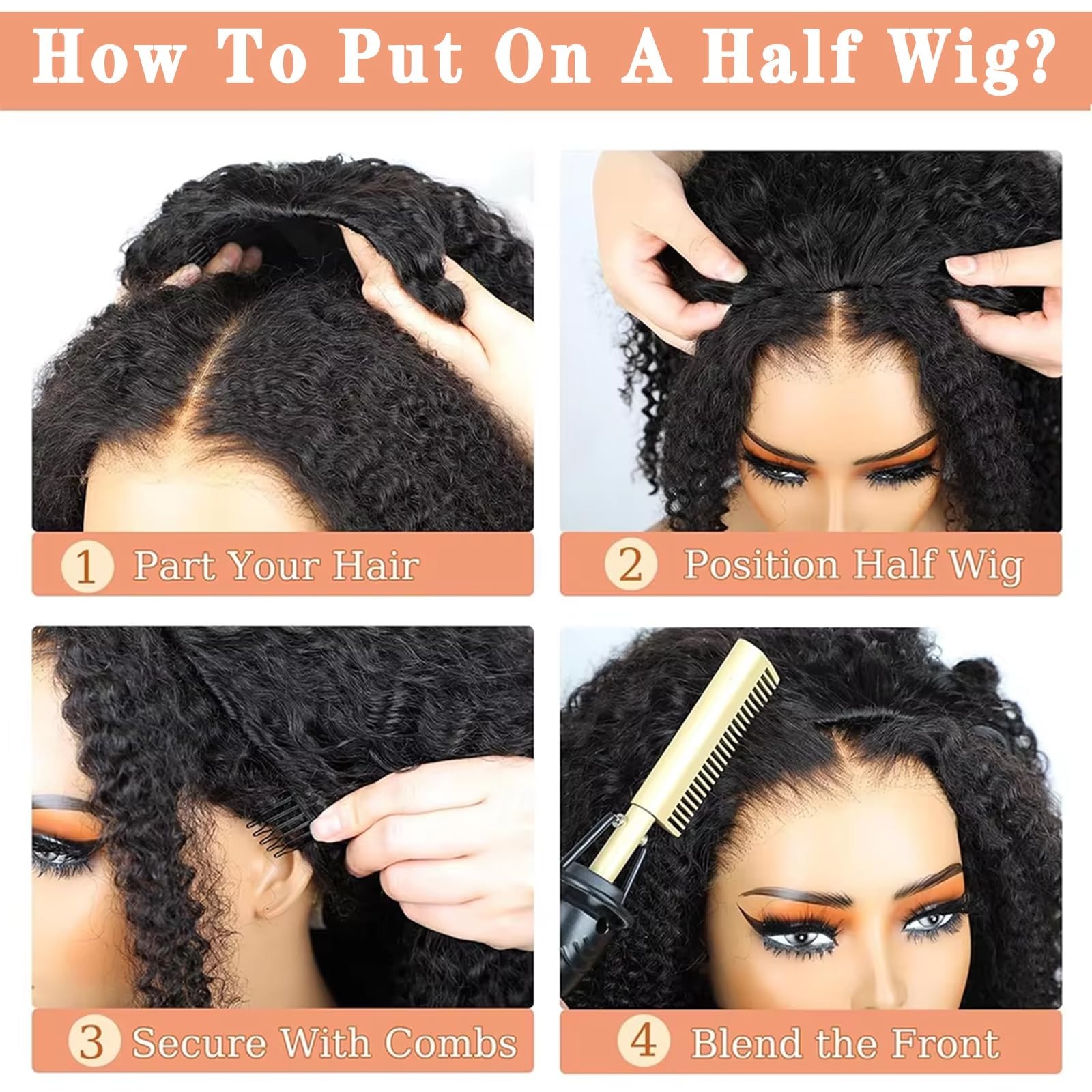 24″ Deep Wave Half Wig – 200% Density Curly Drawstring Headband for Black Women