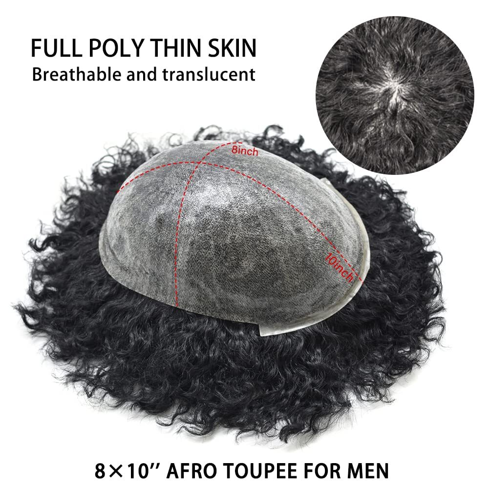 Afro Curly Toupee For Black Men Full Poly PU Skin Hairpiece Hair Replacement Wig