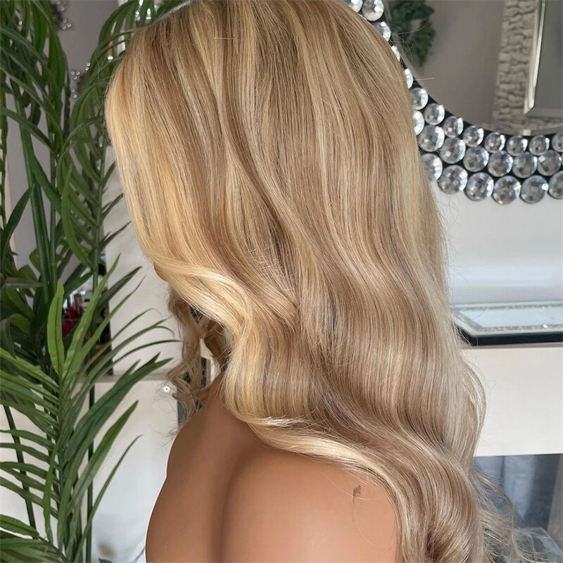 13×4 Lace Front Wigs Ash Blonde with Honey Blonde Highlight Body Wave Human Hair