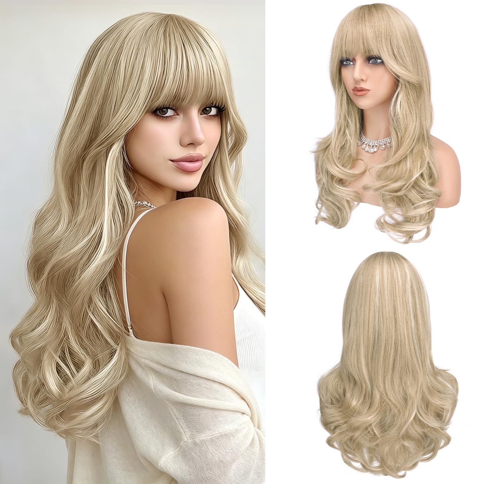 Blonde Wigs with Bangs Long Wavy Layered Haircut Natural Looking Fluffy Synth…