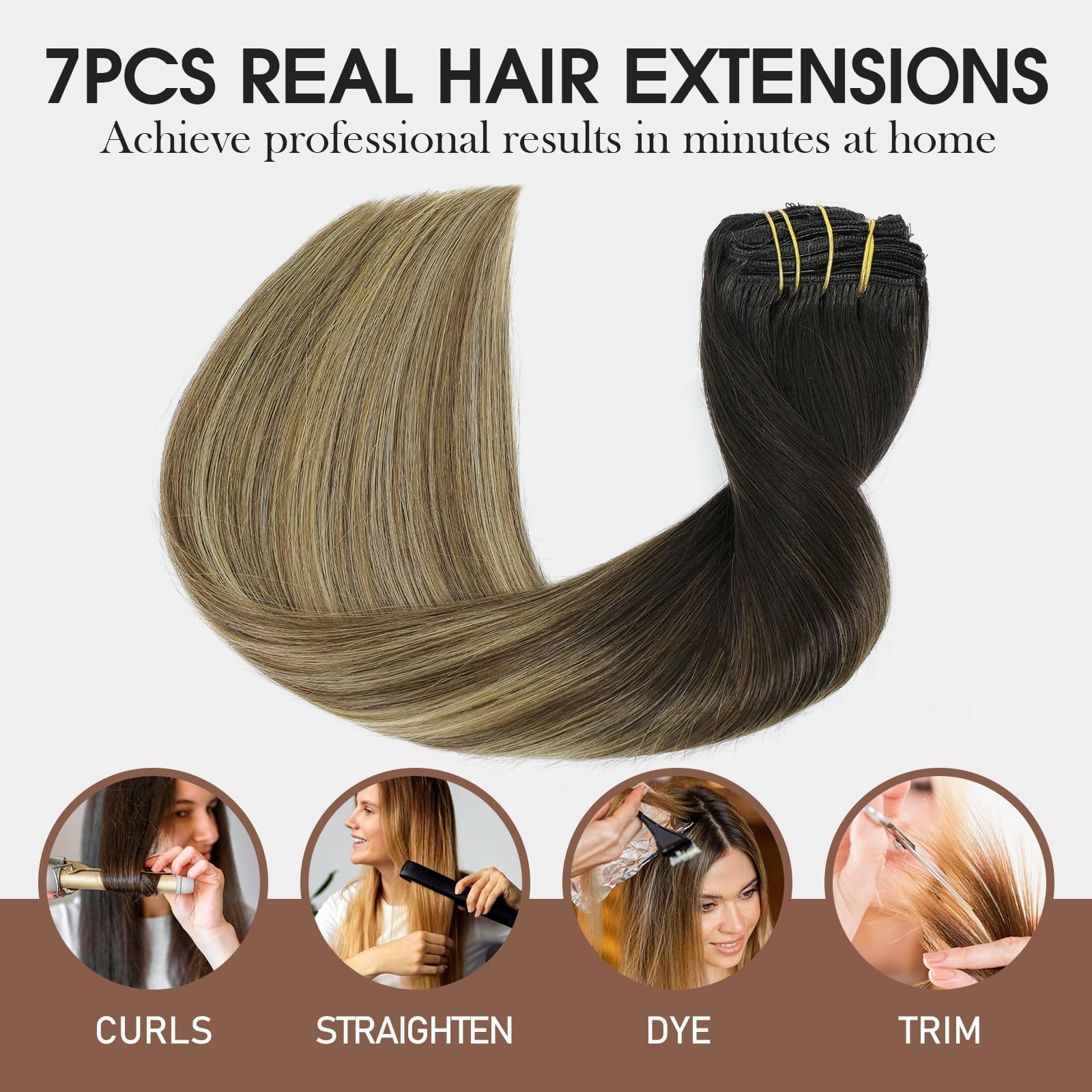 Vinbao Hair Extensions Clip In Human Hair Black Roots To Brown 140G 16 Inch