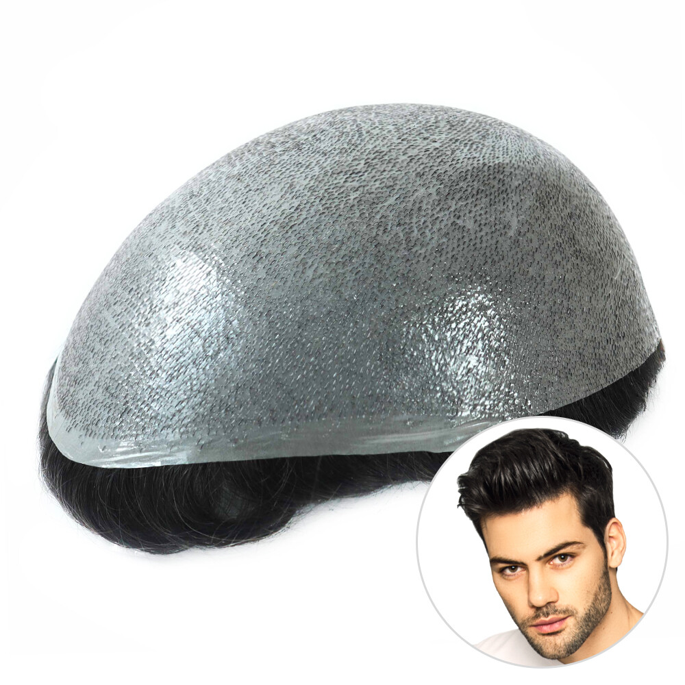 Ultra Thin Skin Super Mens Toupee Human Hair System Replacement Hairpieces BLACK