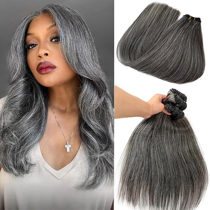 Weft Hair Extensions 18 Inch Straight Real Remy Human Hair Salt and Pepper Sew