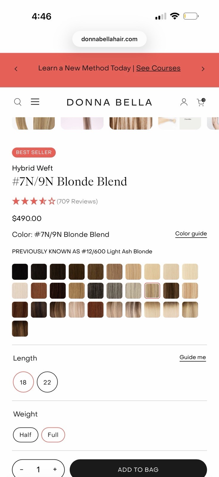 Donna Bella Hybrid Weft Extension Full Pack 18” #7N/9N Blonde Blend Remy NEW
