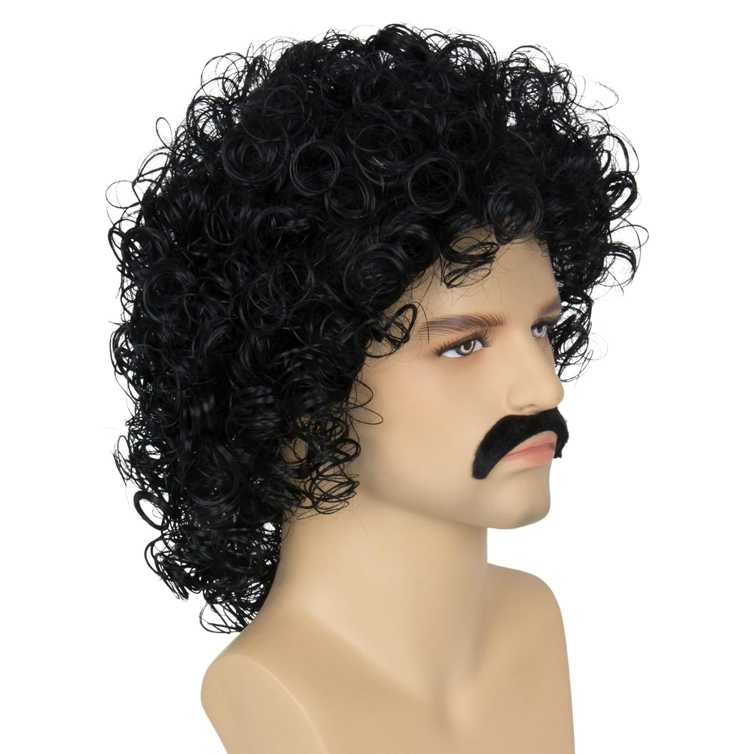 Miss U Hair Jerry Curl Wig Mens Short Black Curly Wig With Mustache 70s Rocker M