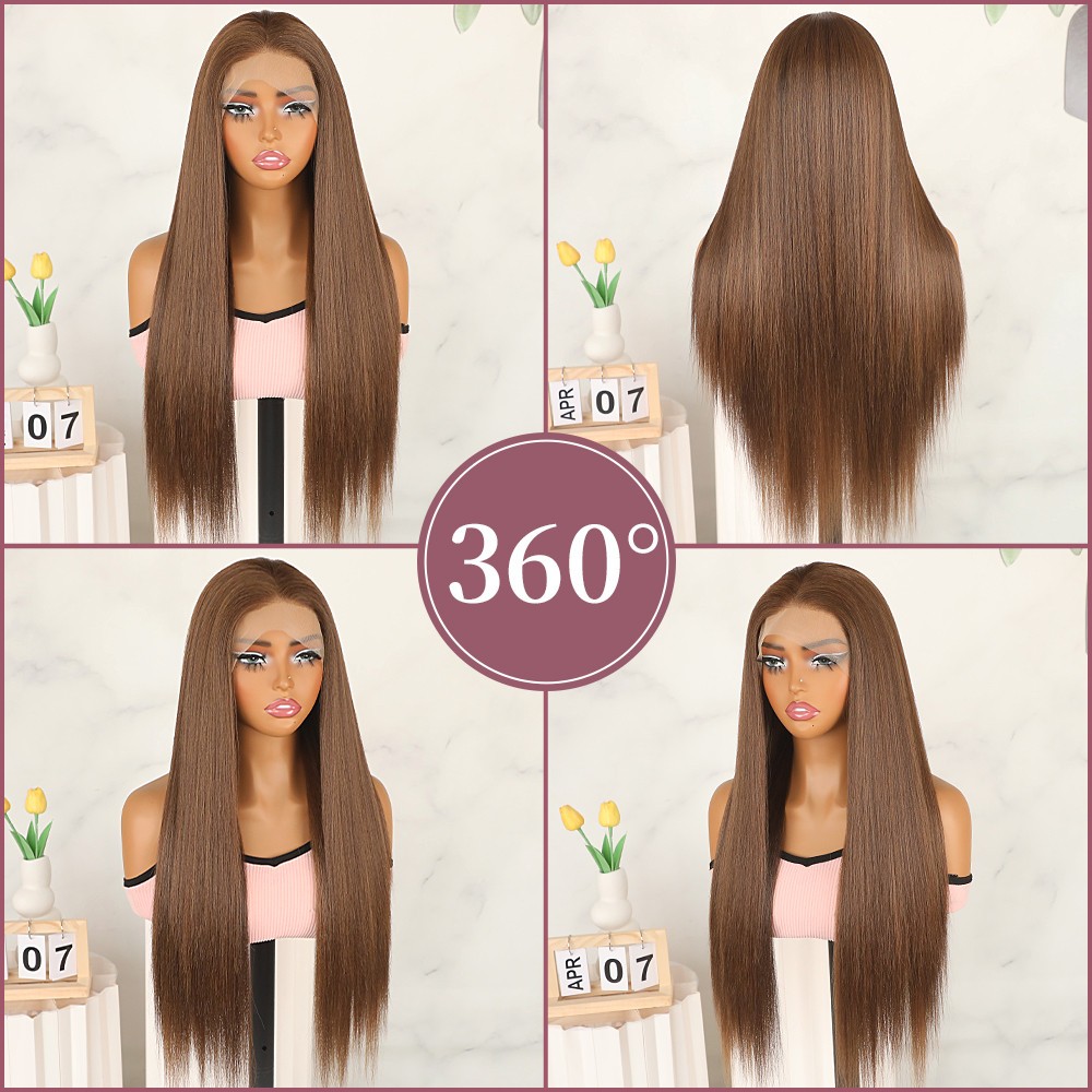 Brown Highlights Long Straight Hair Lace Front Wigs Pre Plucked Natural Hairline