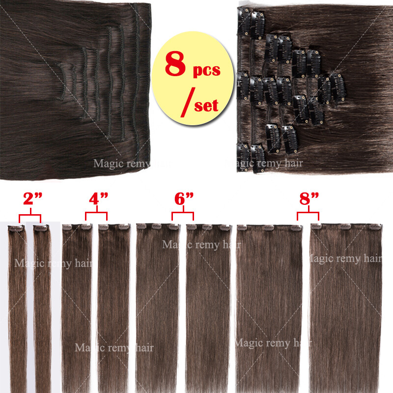 AAA+ 8pcs 16″ 18″ 20″ 22″ 24″ Clip In Real Remy Human Hair Extensions Full Head