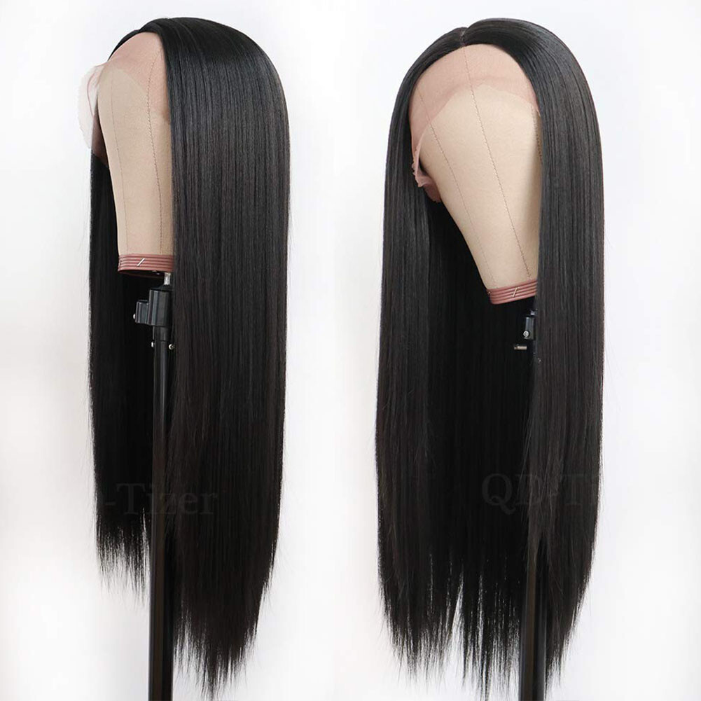Heat Resistant Synthetic Lace Front Wigs Long Black Straight Glueless Soft Hair