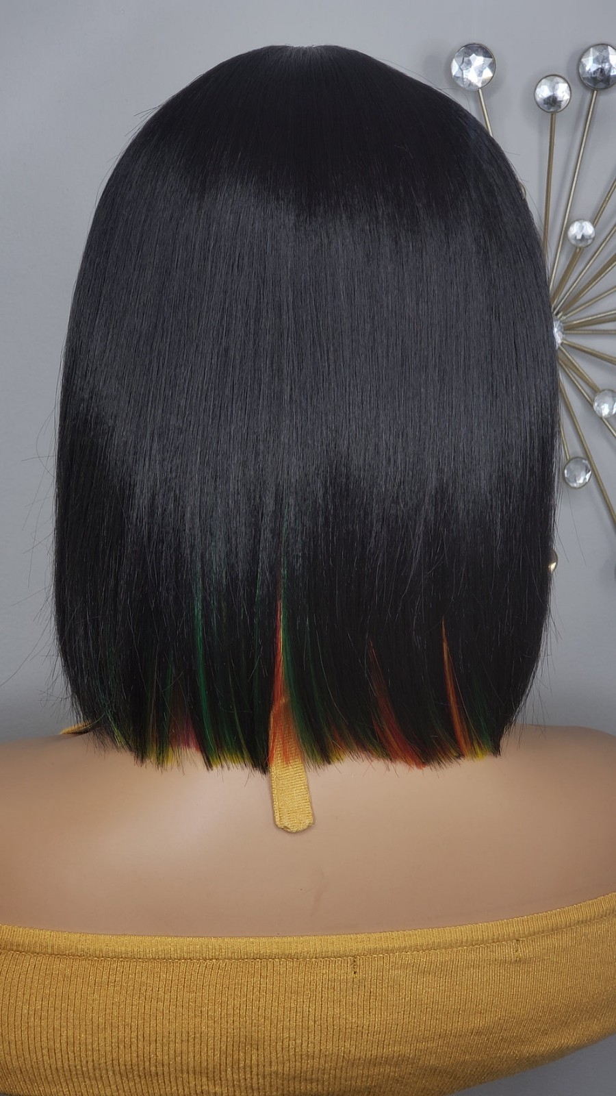 New Short Human Hair Blend Straight Bob Wrap Style Full Cap Wig Black Rainbow