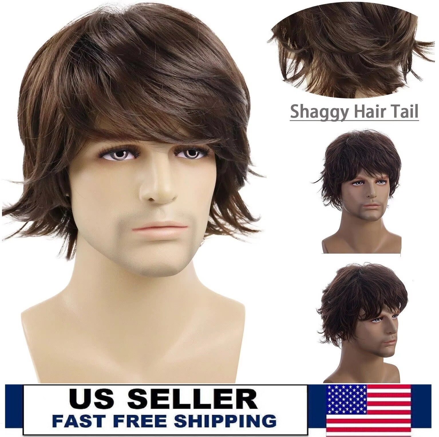 Mens Brown Wig Short Layered Natural Wavy Heat Resistant Synthetic Hair Wigs US