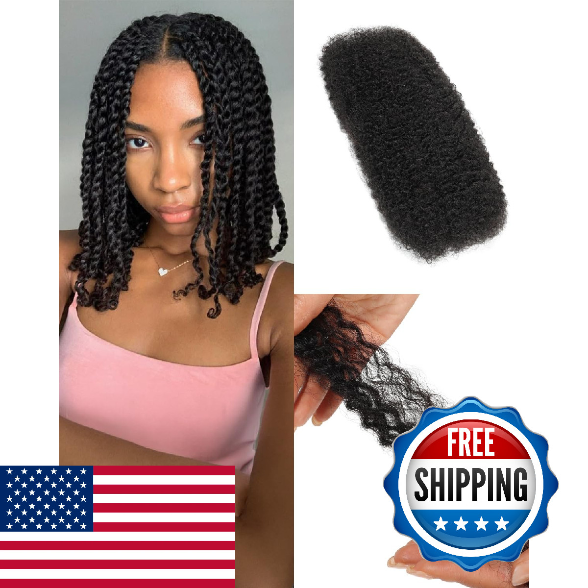 Beeos Afro Kinkys Bulk Human Hair Natural Black 4C Curly For Braids 50Gram