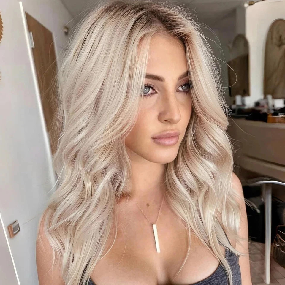 100% Human Hair New Fashion Women’s Layered Long Light Blonde Wavy Wigs 16 In