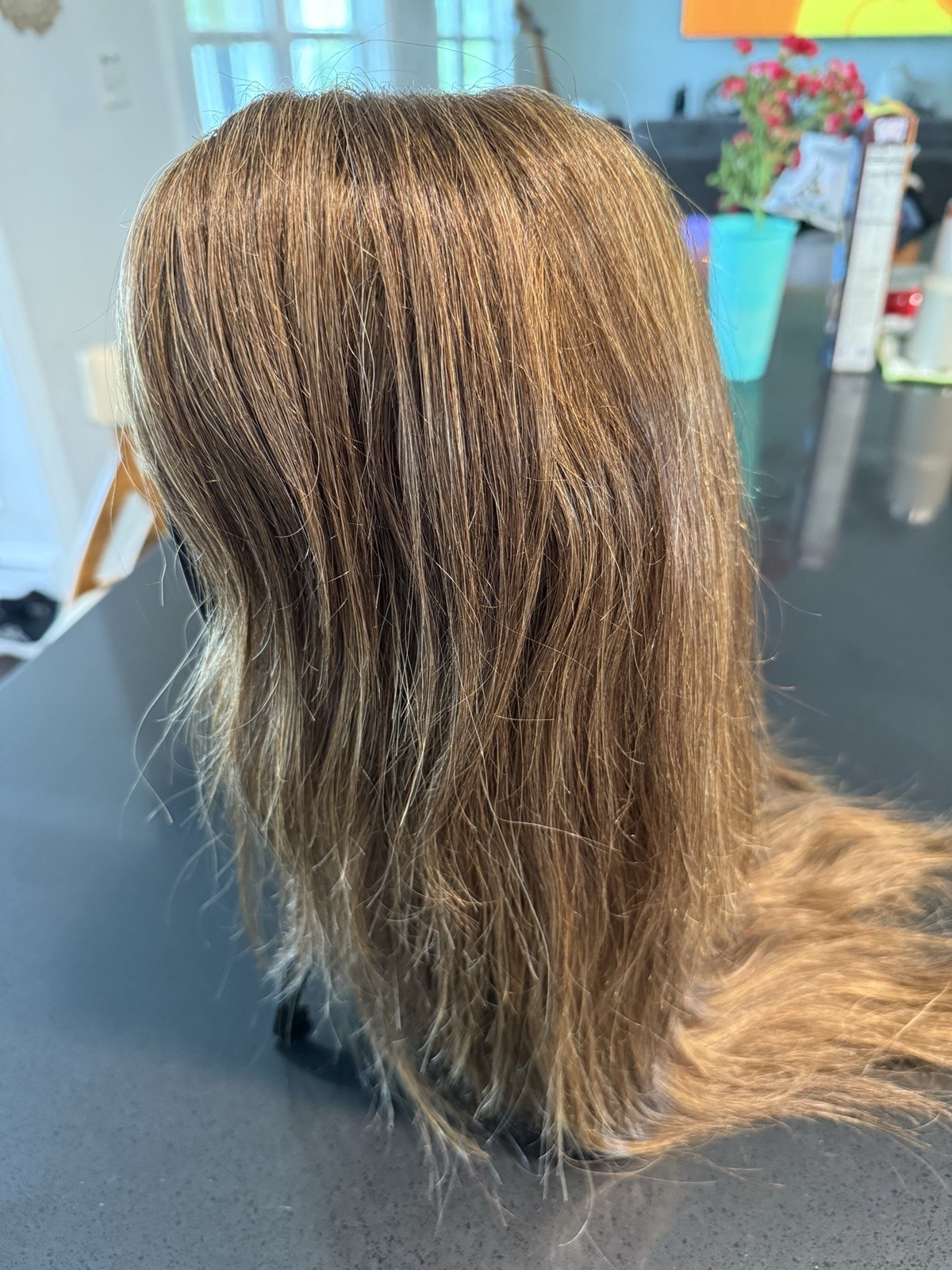 Human Hair Monofilament Wig, Auburn Brown, Layered, Long