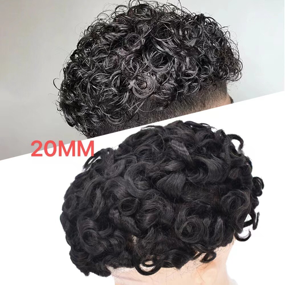 Black Afro Curl Mens Toupee Poly Skin 100%Human Hair African American Hairpieces