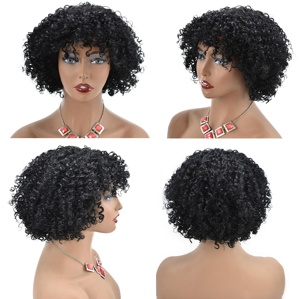 Kinky Curly Afro Wigs with Bangs Short Human Hair Wig for Black Women Brazilian