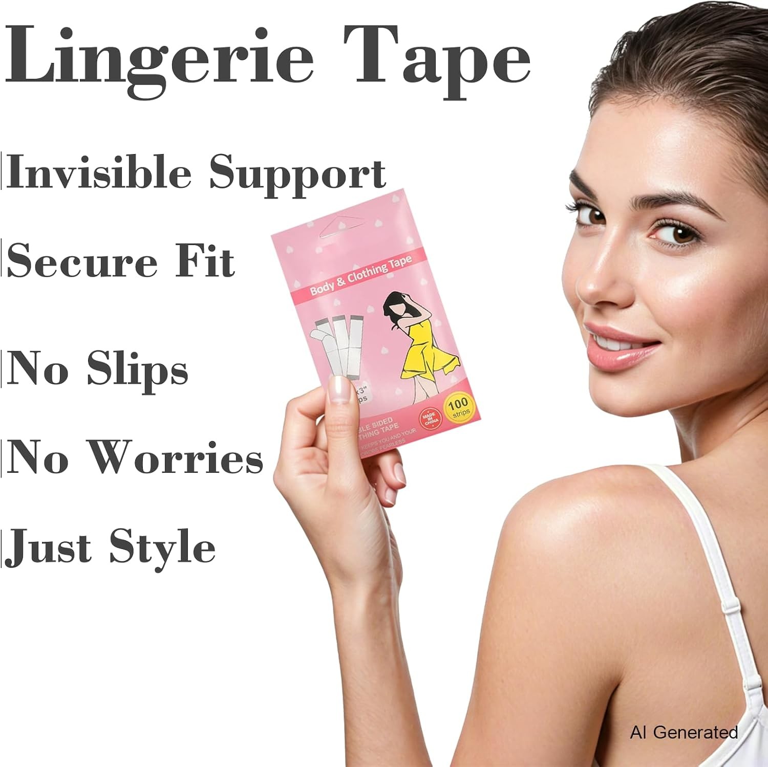 100 Strips Double Sided Tape for Clothes Clear Clothing Bra Dress Fabric Skin Bo