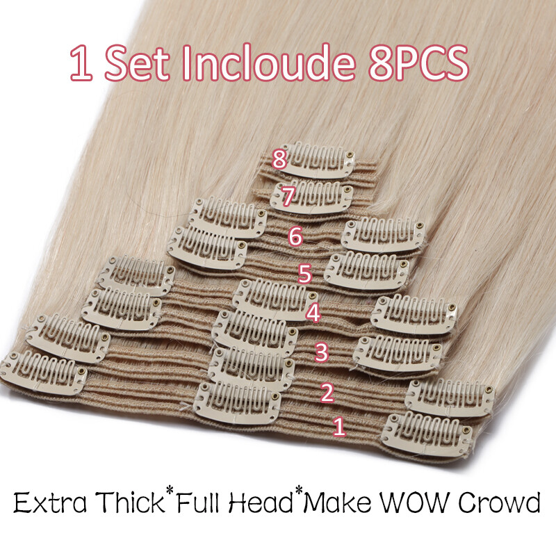 THICK Double Weft Clip In Real Remy Human Hair Extensions Full Head 8pcs Caramel