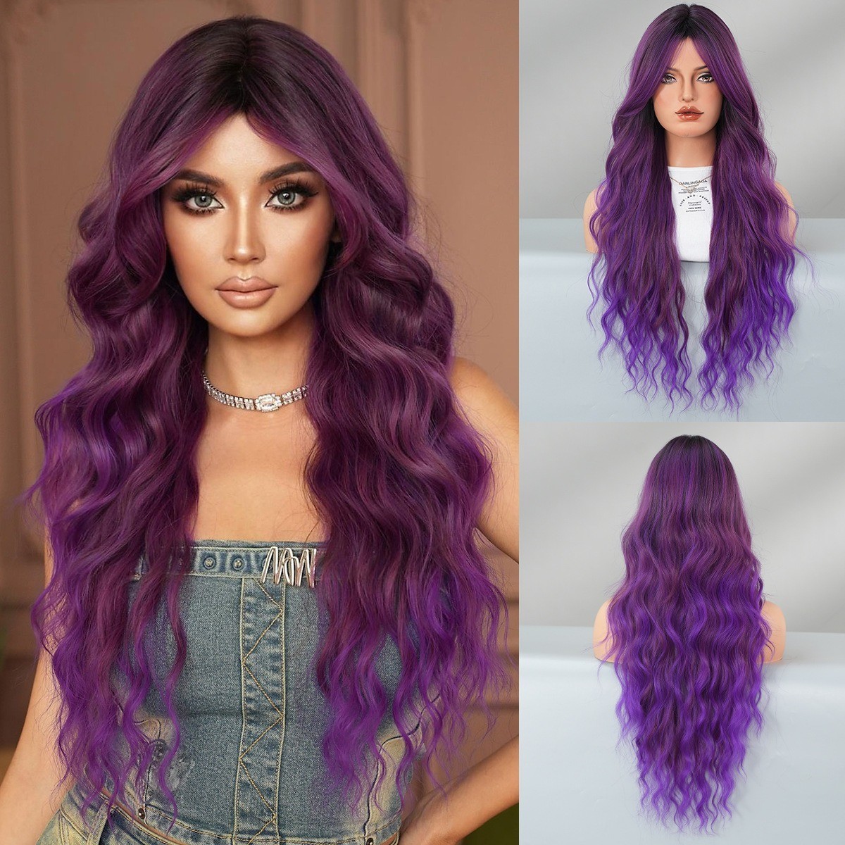 Purple wig woman with long curly hair fluffy deep purple wig full head cover