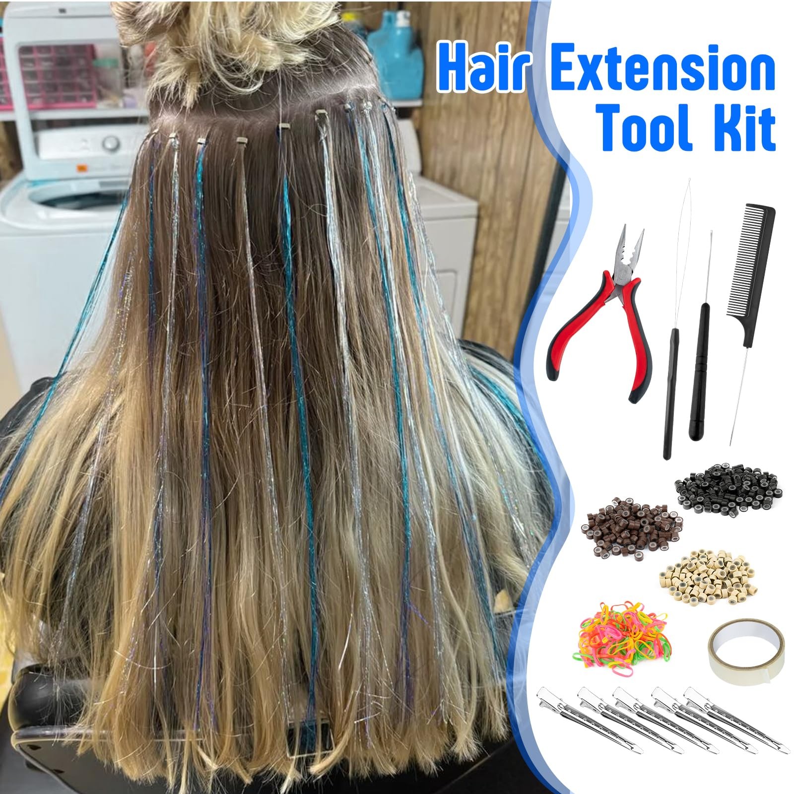 Hair Extension Tools Kit,300 Pcs Silicone Lined Micro Links Beads（3 Blue